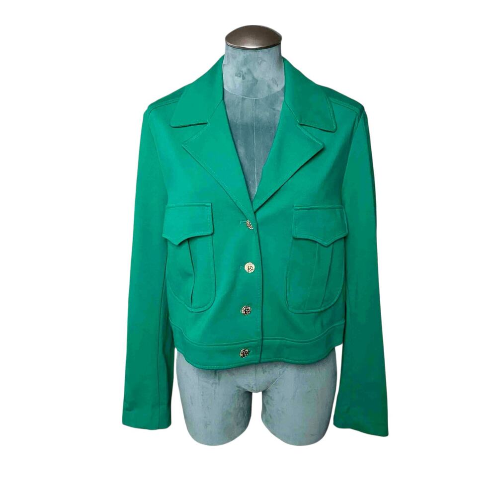 Anne Klein Drake Cropped Blazer Jacket Womens Sz L Teal Green Gold Button Front
